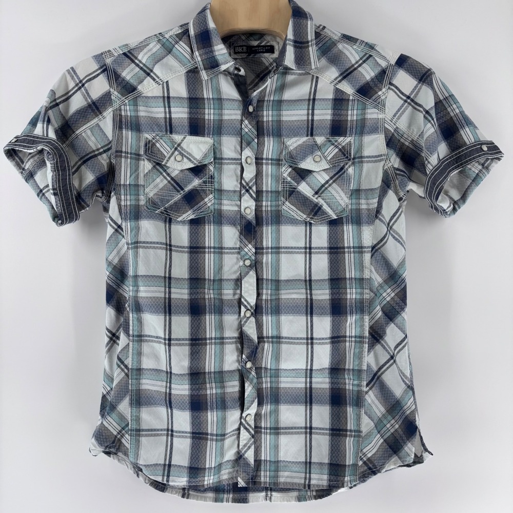 BKE Button Down Shirt Mens Lg White Blue Plaid Athletic Fit Snap Western B2656